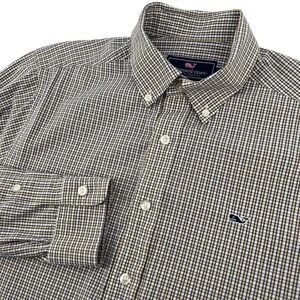 Vineyard Vines Mens Slim Fit Whale Shirt Cotton Navy Yellow Check Medium M